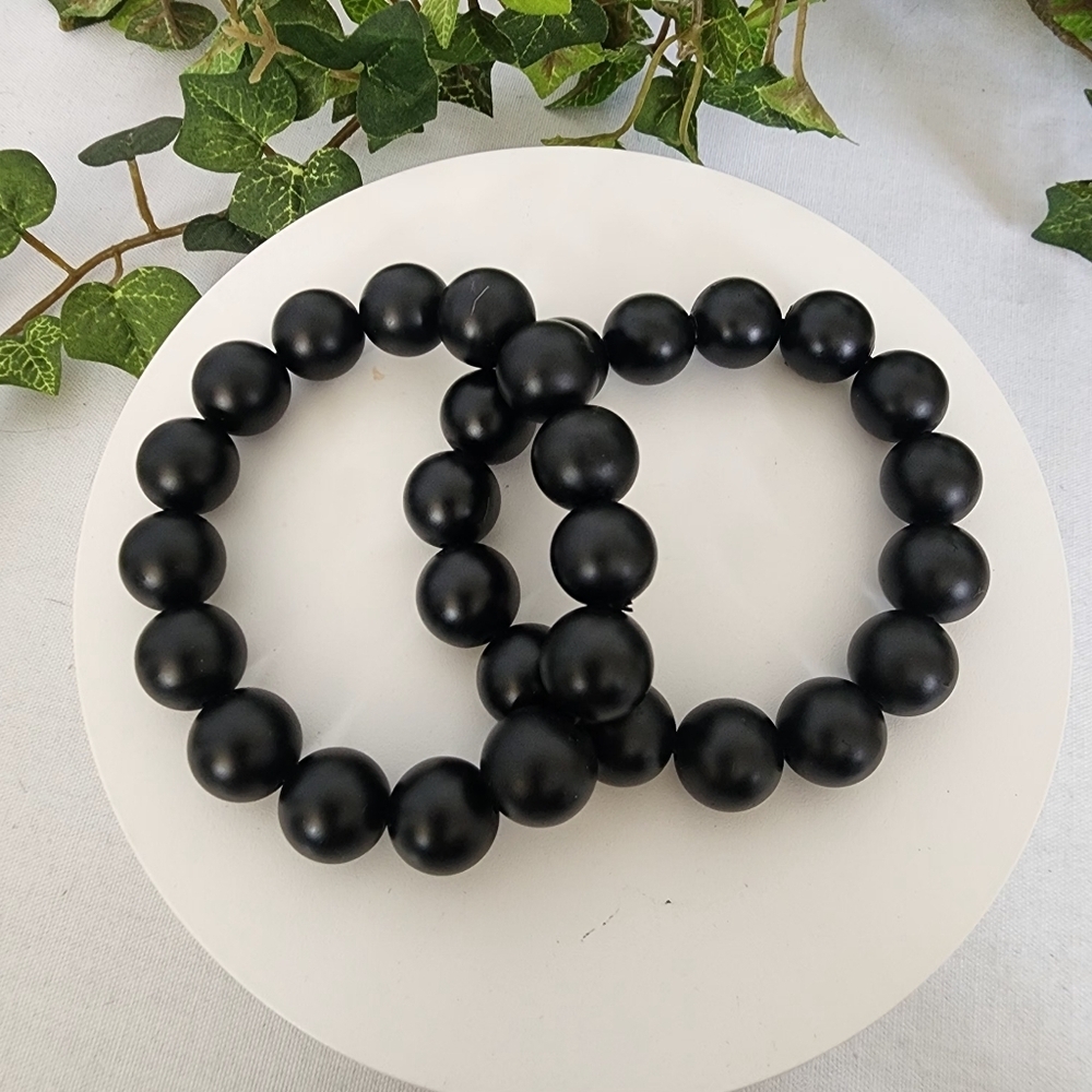 2 Black Agate Bead Stretch Bracelet